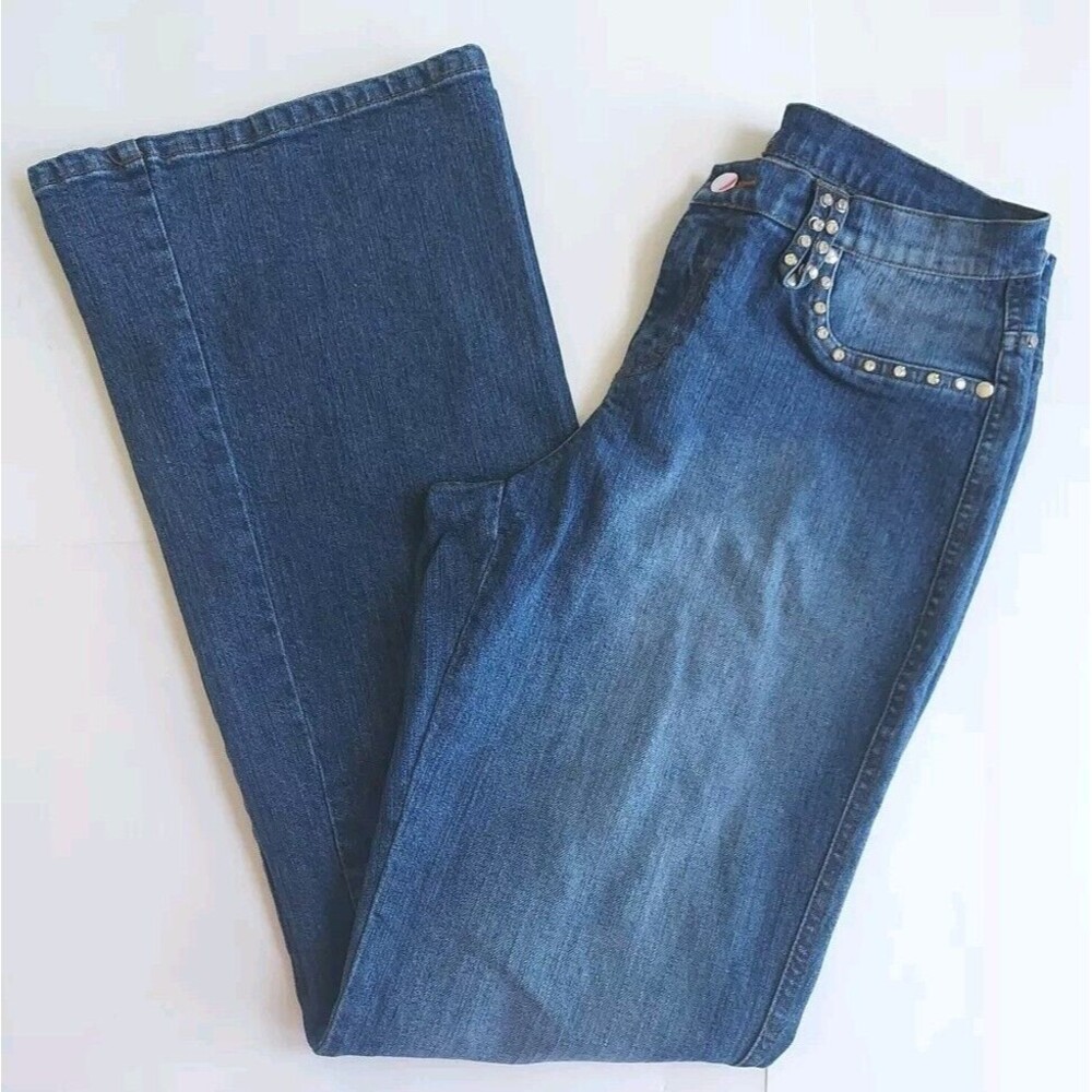 Ladies Cache Medium Rise/Wash Flare 5 Pocket Stretch Jeans W/Rhinestones Size 8L